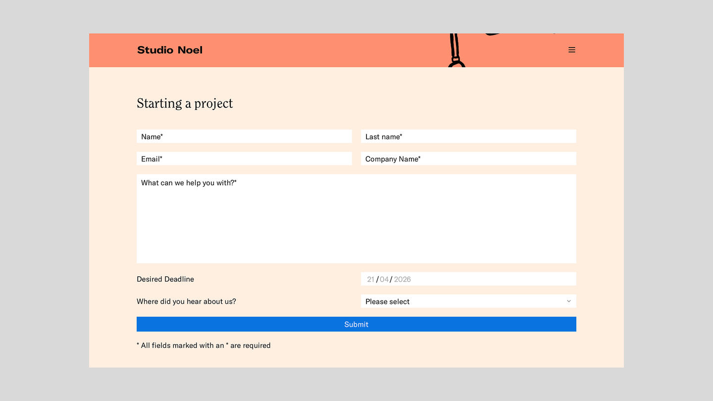 Screenshot of the contact page of the website with a contact form, name, email, message, deadline fields and large blue submit button.